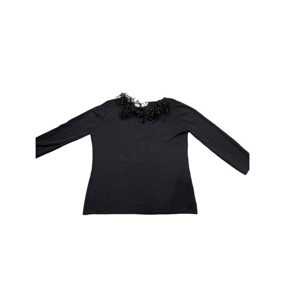Joseph A. Womens Large Black Top With Fringe Neckline 3/4 Sleeve Neck Knit - Picture 1 of 8